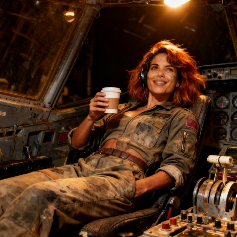 Juno Vega, relaxing in her ship's cockpit with a coffee