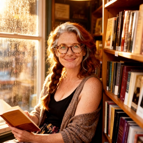 Maggie Doyle, reading in the sunlit window of her bookshop